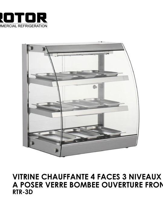 VITRINE CHAUFFANTE 4 FACES 3 NIVEAUX A POSER VERRE BOMBEE OUVERTURE FRONTALE RTR-3D